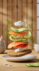 Open-faced salmon sandwich with fresh cucumber and dill
