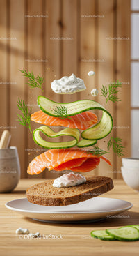 Open-faced salmon sandwich with fresh cucumber and dill