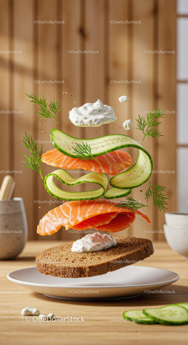 Open-faced salmon sandwich with fresh cucumber and dill