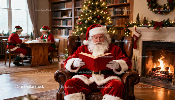 Santa Claus Reading by Fireplace with Elves in Library