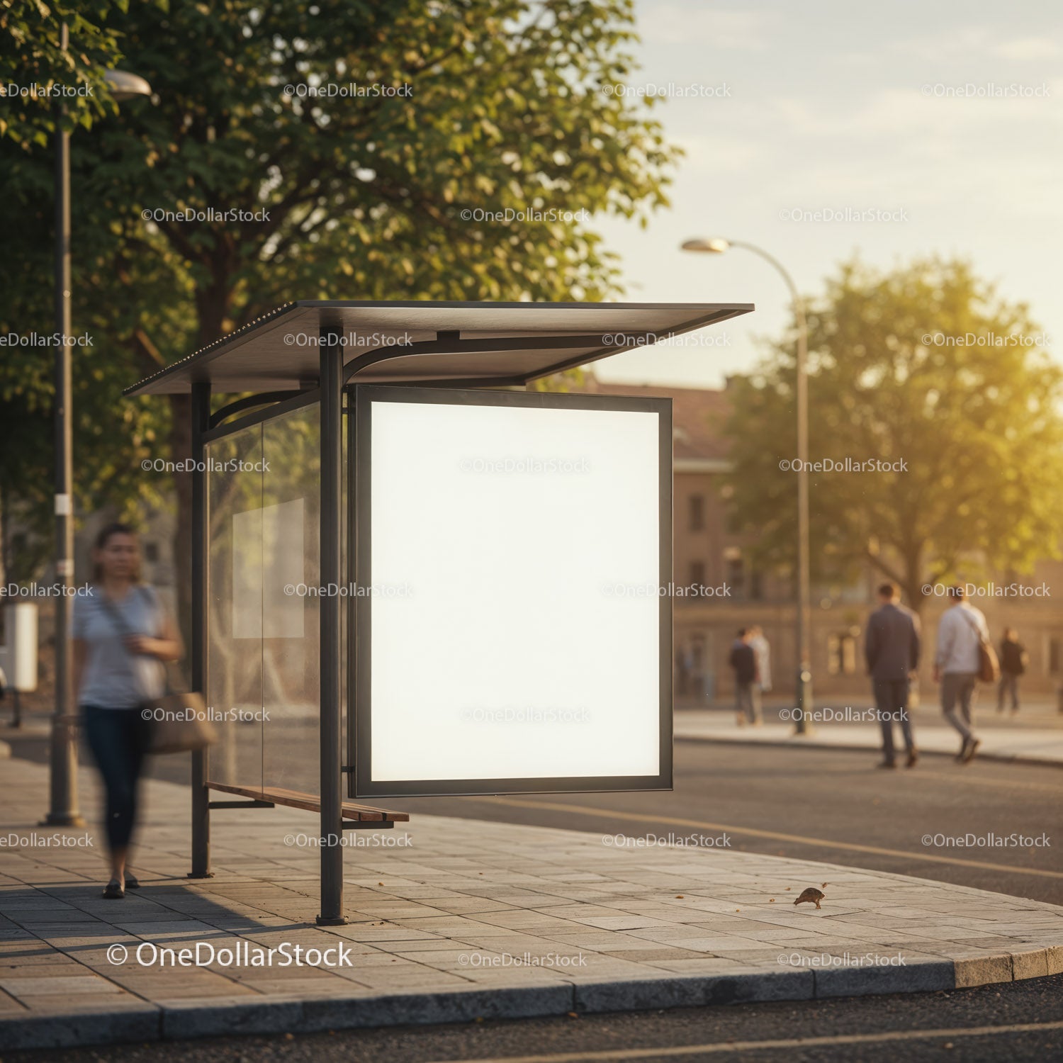 Urban bus stop with blank illuminated advertisement panel