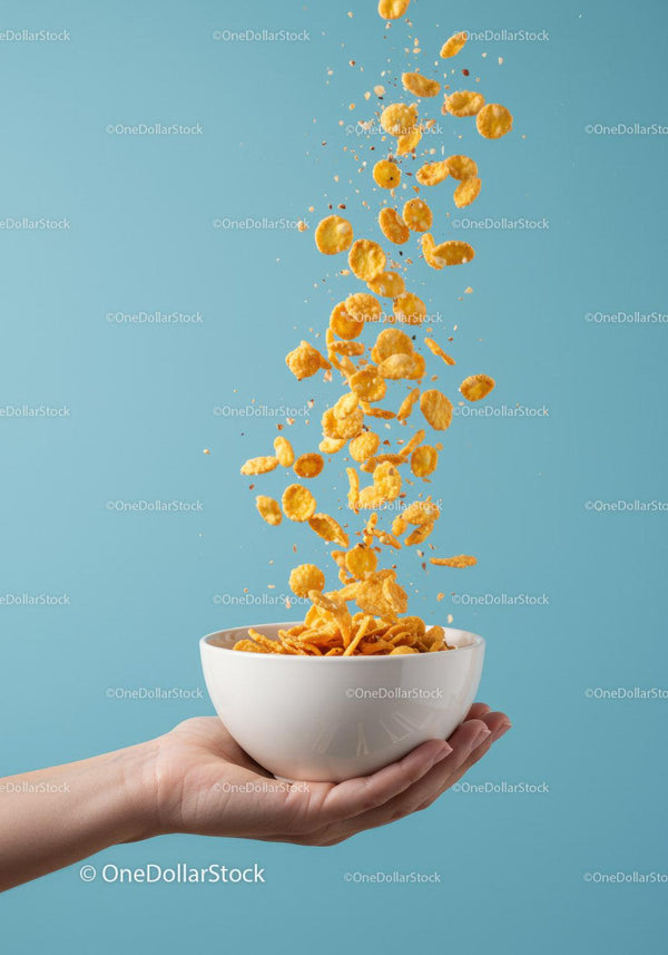 Hand Holding Bowl with Flying Cornflakes on Blue Background