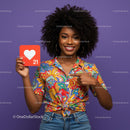 Vibrant Young Woman Holding Like Icon in Bright Casual Outfit