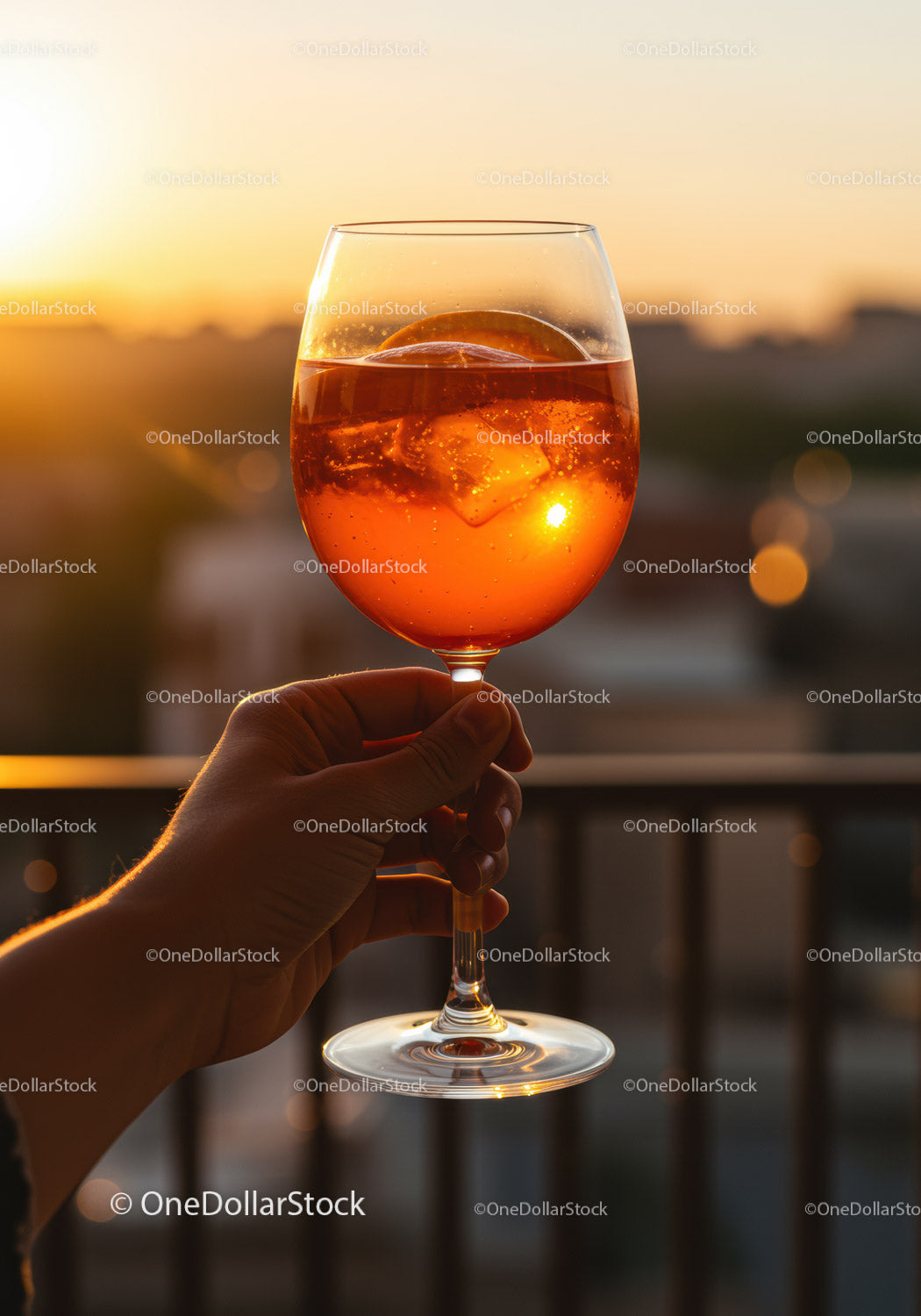 Dłoń trzymająca kieliszek aperitifu na tle ciepłego nieba zachodzącego słońca