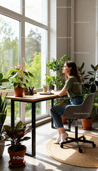 Young woman enjoying nature view while working indoors