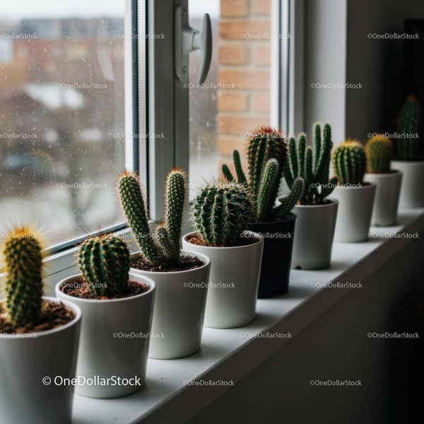 Collection of Green Cacti and Succulents on Windowsill in Bright Interior