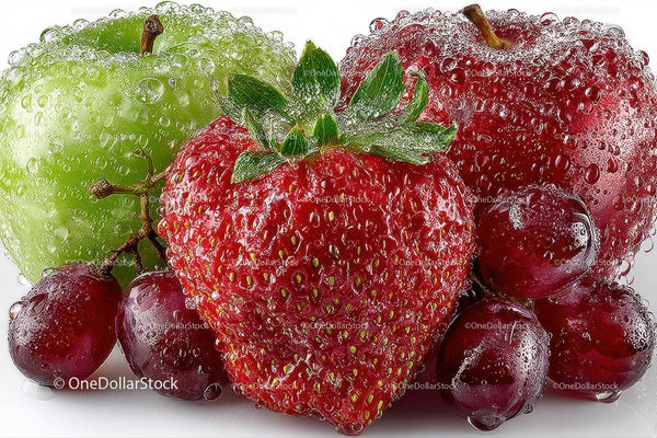 Fresh Strawberries and Green Grapes Close-Up with Dew