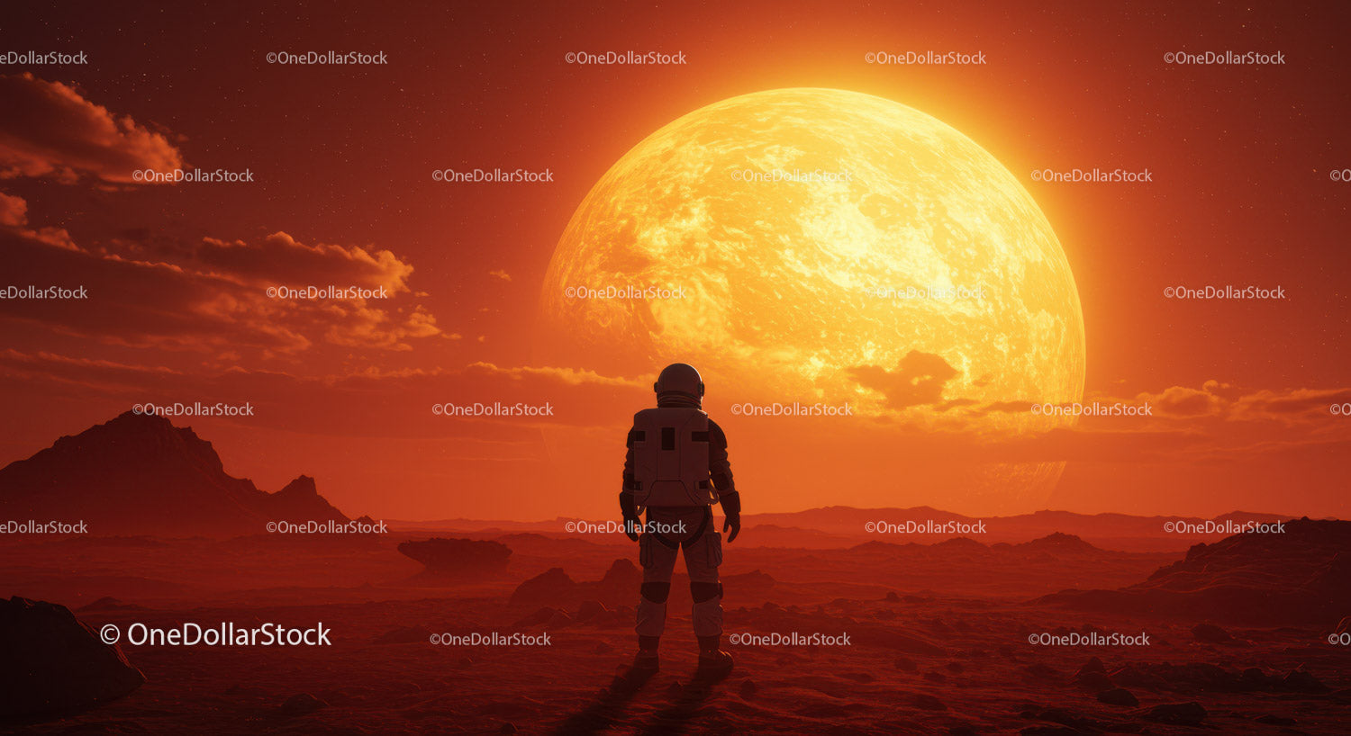 Astronaut Standing on Alien Planet with Large Sun Setting Behind