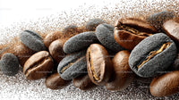 Flying Coffee Beans in Motion on a Dark Background
