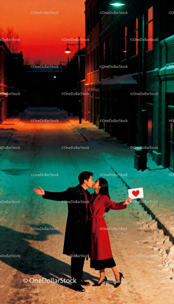 Couple Sharing Kiss on Snowy Evening Street