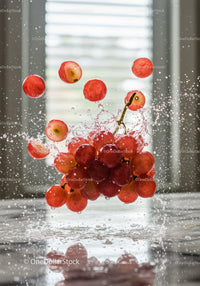 Fresh Red Grapes Splashing in Water on Marble Surface