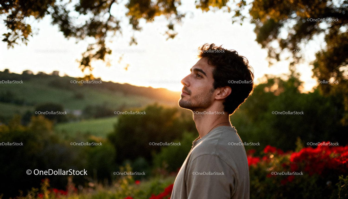 Young man enjoying peaceful sunset in nature