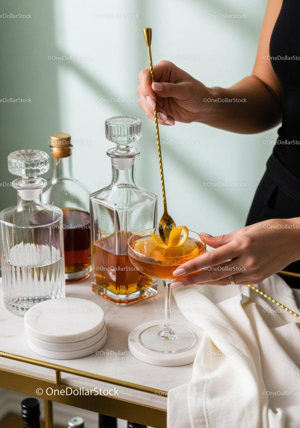 Elegant Orange Cocktail Being Prepared with Golden Spoon in Stylish Setting