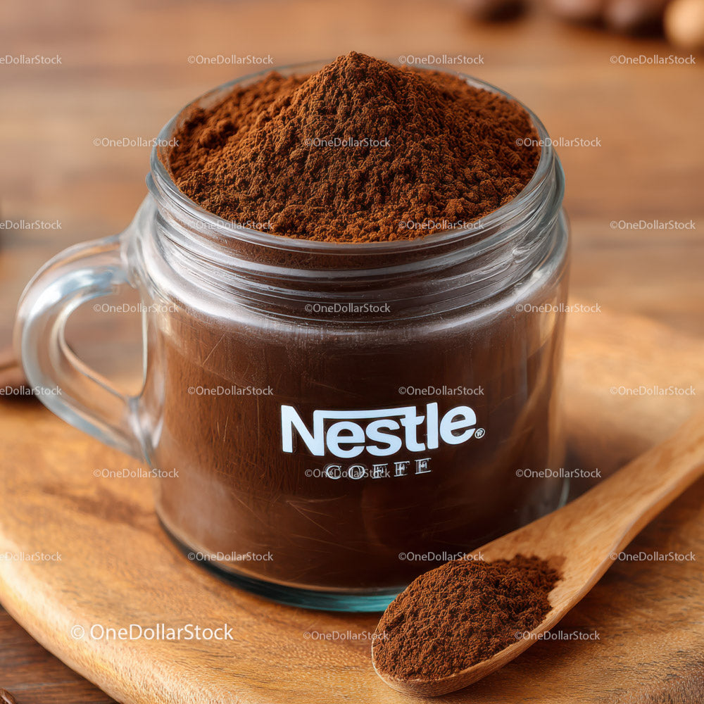 Ground Coffee in a Clear Jar on Wooden Tray
