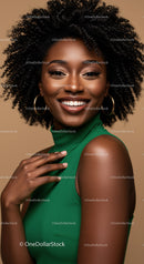 Elegant Black Woman with Curly Hair Smiling Portrait in Green Outfit