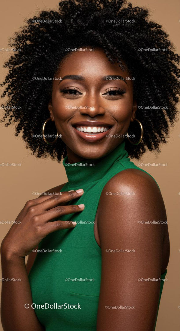 Elegant Black Woman with Curly Hair Smiling Portrait in Green Outfit