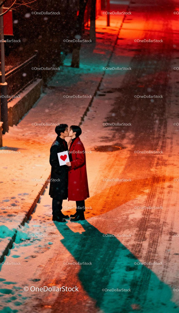 Couple sharing a tender kiss on snowy street at night