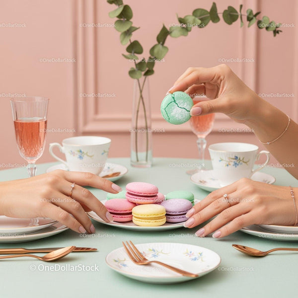Elegant Assorted Macarons on Pastel Green Table with Tea Sets