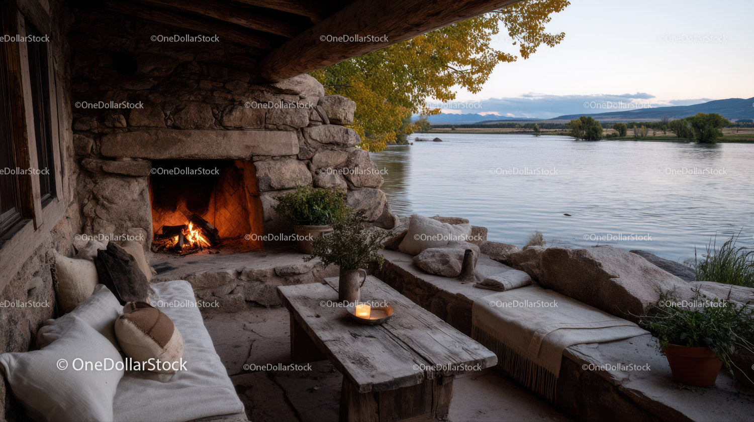 Rustic Riverside Outdoor Lounge with Fire Pit and Mountain View