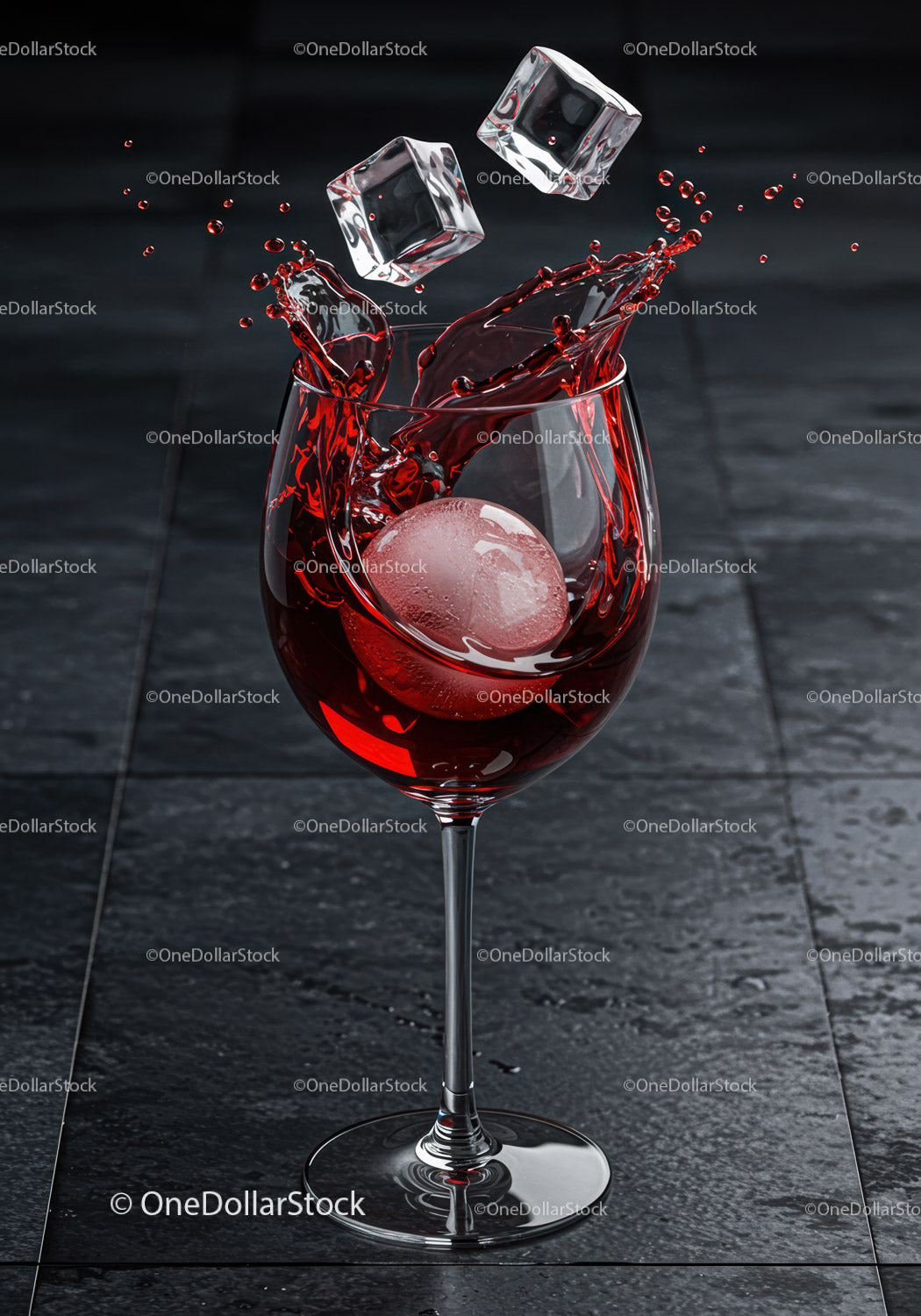 Red drink splashing with ice cubes in wine glass