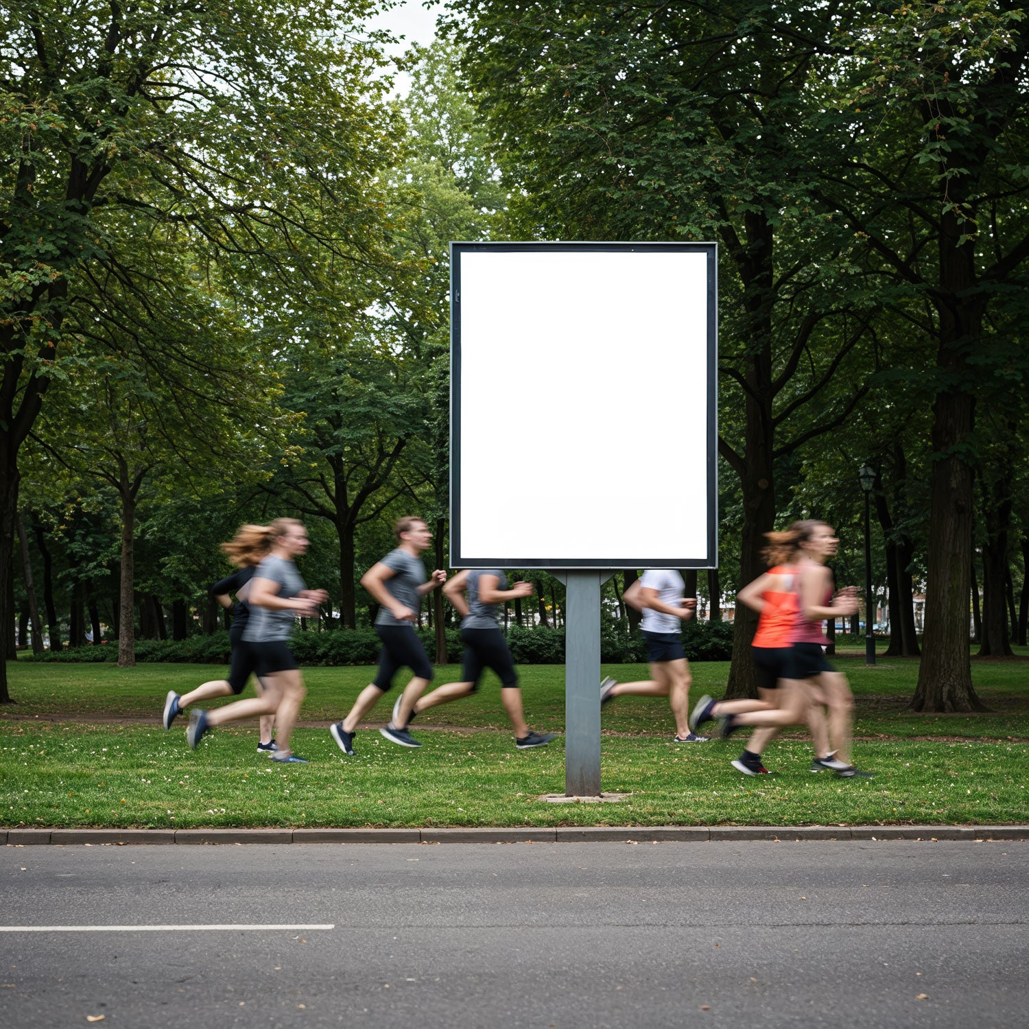 Grupa biegaczy mijająca pustą tablicę reklamową na zewnątrz