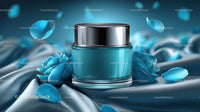 Luxury Blue Cosmetic Jar Surrounded by Elegant Floral Accents
