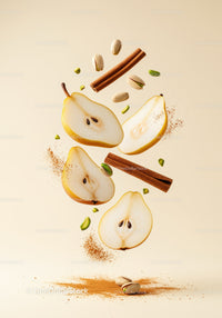 Floating pear slices with cinnamon and pistachios on beige