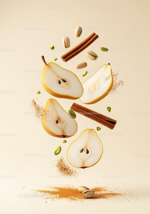 Floating pear slices with cinnamon and pistachios on beige
