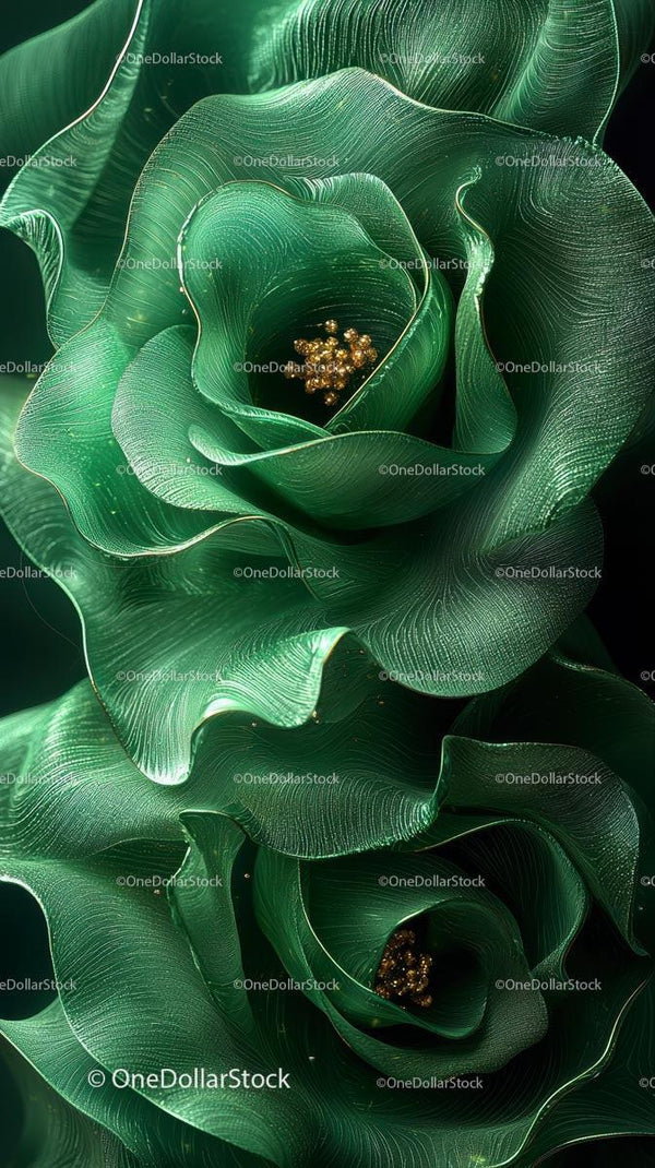 Elegant Metallic Green Rose Bloom with Gold Accents in Luxury Style