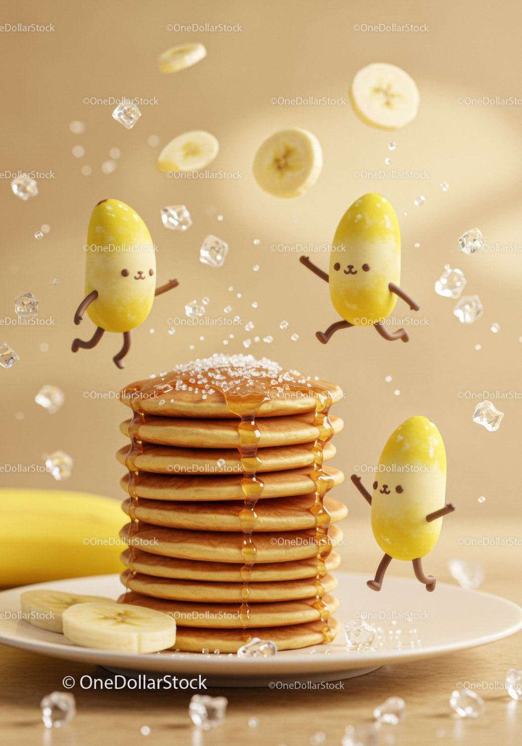 Cute animated bananas dancing around pancakes stack