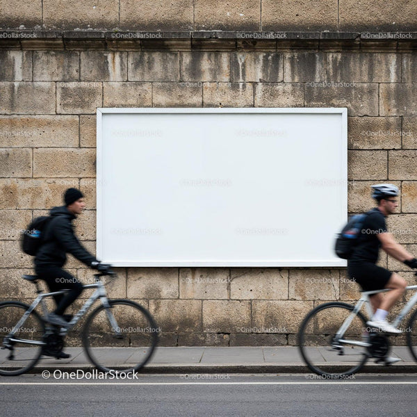 Cyclists passing by blank billboard on stone wall JPG Mockup Image