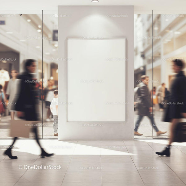 Blank vertical poster in busy modern shopping mall corridor JPG Mockup Image