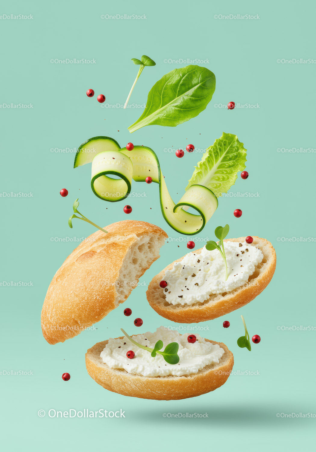 Fresh cottage cheese sandwich with vegetables and herbs