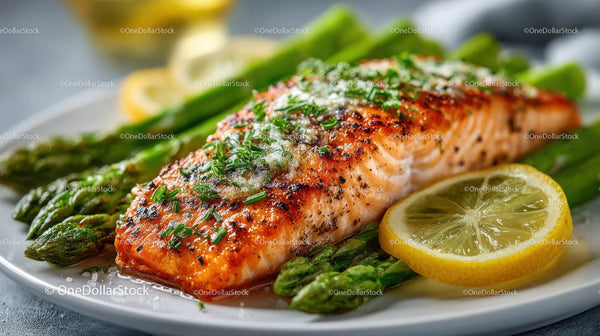 Świeży Pieczony Filet z Łososia z Szparagami i Plastry Cytryny