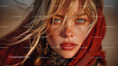 Close-up Portrait of a Woman with Freckles and Blue Eyes Wearing a Red Scarf