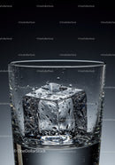 Close up of glass with melting ice cube and water droplets