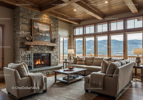Cozy living room with stone fireplace and mountain view