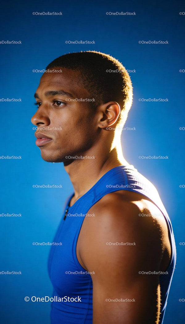 Profile of focused young male athlete in blue sportswear