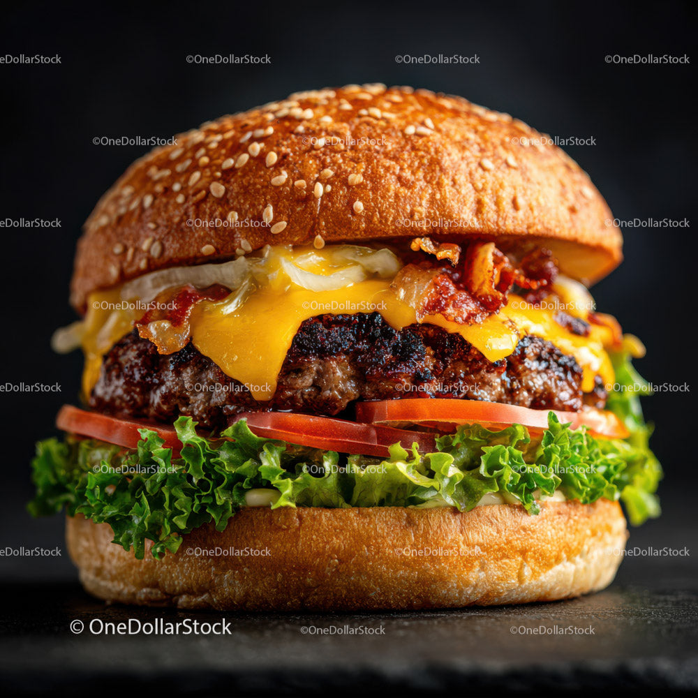 Gourmet Cheeseburger with Bacon Lettuce Tomato on Sesame Bun