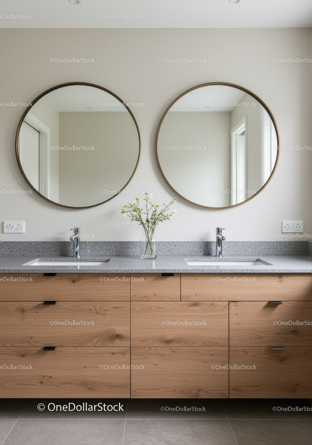 Contemporary Double Sink Bathroom with Round Mirrors and Wooden Cabinets