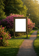 Wooden billboard with blank white space in flower garden