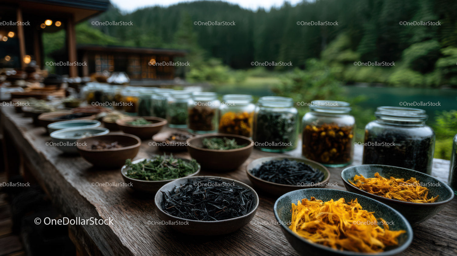 Herbal Collection of Dried Herbs and Flowers on Rustic Wooden Table