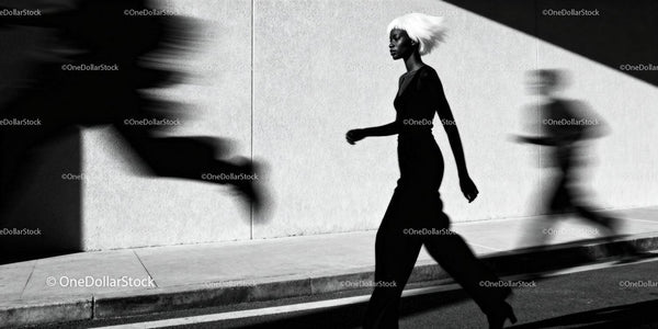 Woman with White Hair Walking Against Light Wall