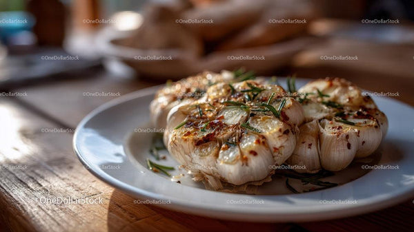 Roasted Garlic Cloves with Rosemary on Rustic Wooden Table Stock Photo Bundle (27 JPG Files)