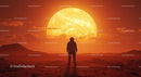 Astronaut Standing on Alien Planet with Glowing Sun in Background
