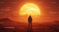 Astronaut Standing on Alien Planet with Glowing Sun in Background