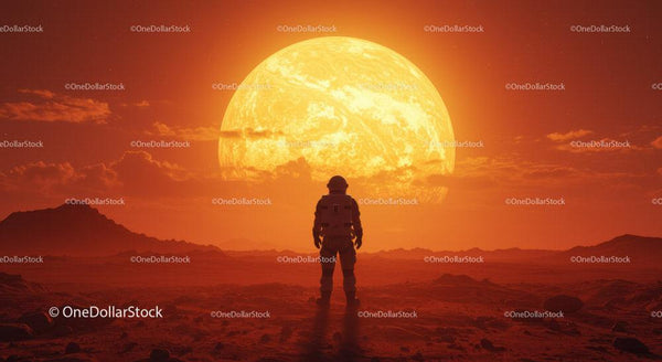 Astronaut Standing on Alien Planet with Glowing Sun in Background