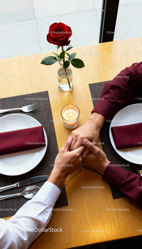 Couple Holding Hands at Romantic Candlelit Dinner