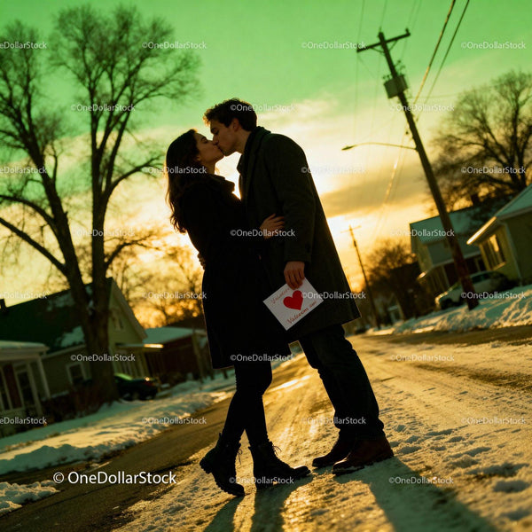 Couple Sharing a Kiss with Valentine Card at Sunset