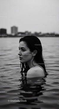 Serene Female Portrait in Water with Urban Background